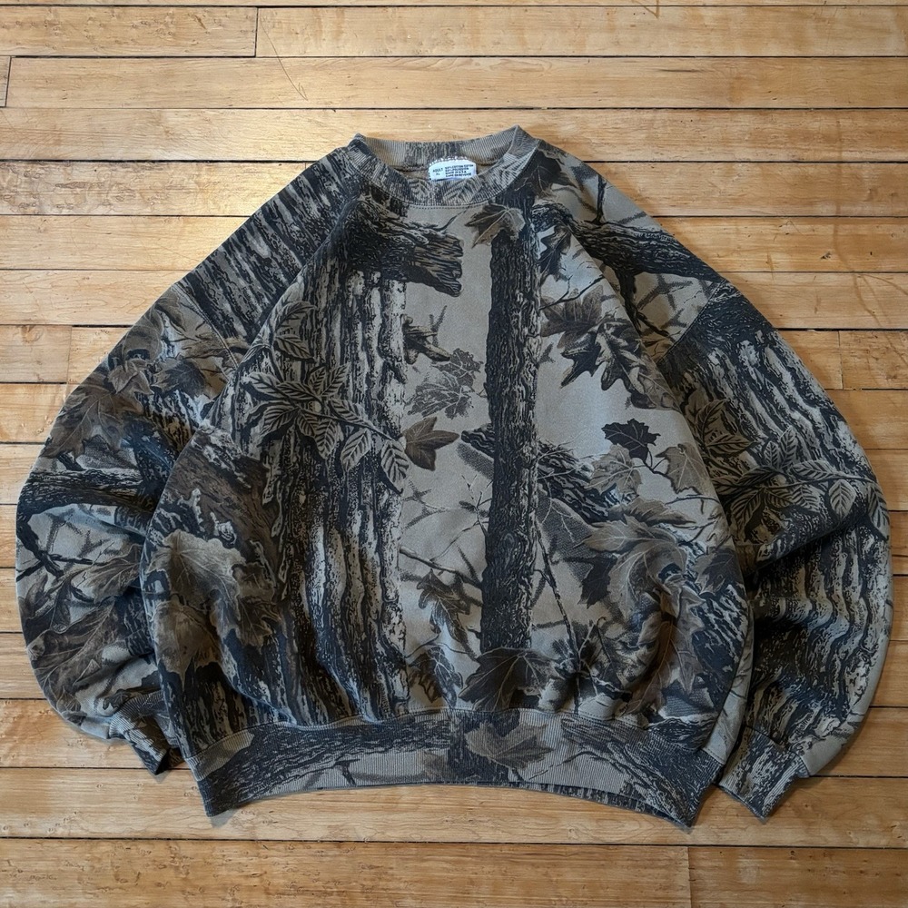 VTG Camo Crewneck Sweatshirt Faded Size XL Skater Grunge Made In USA Realtree